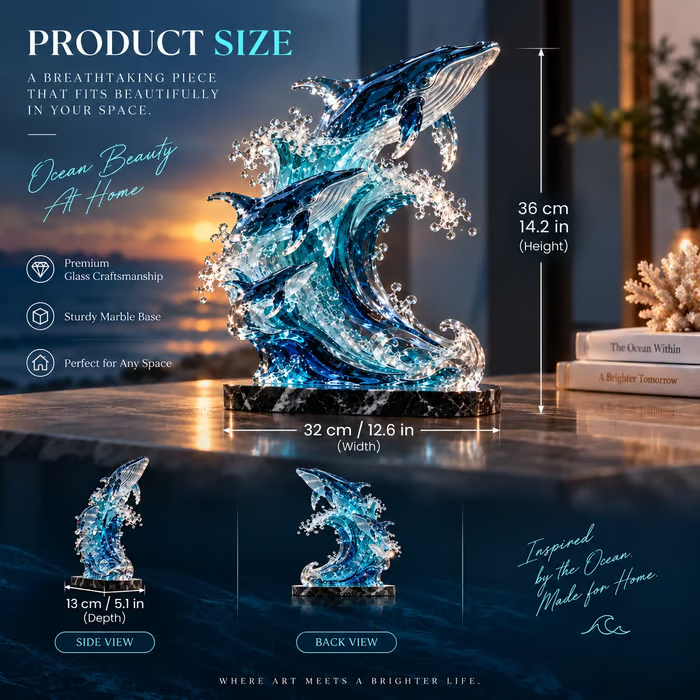 ๐๐ Ocean Spirit Whale Sculpture โ Three Whales Rising Through a Glass Wave