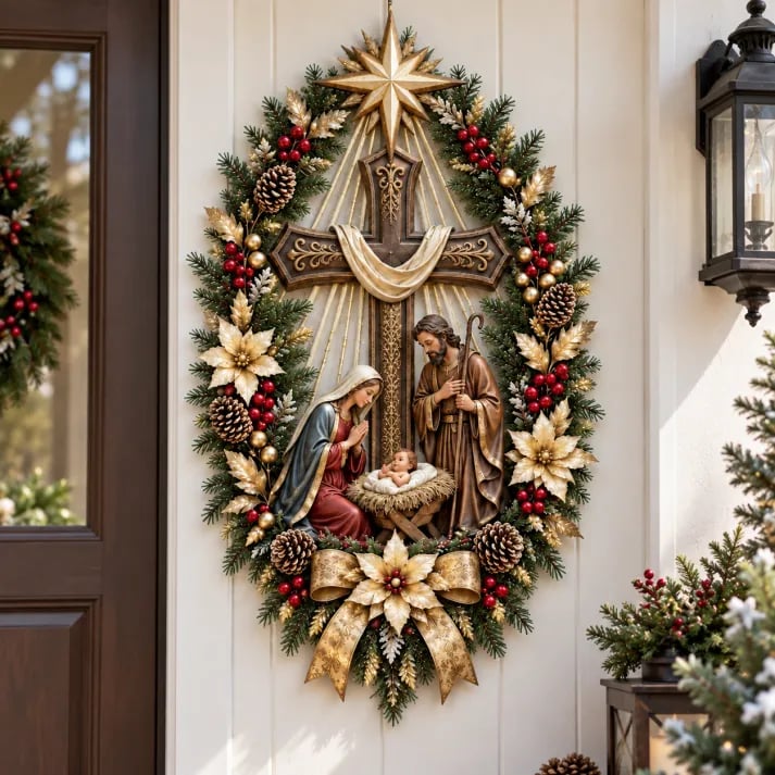 ⭐ Bethlehem Star Nativity Cross Wreath – Lighted Christian Christmas Wall Decor with Holy Family & Warm LED Glow
