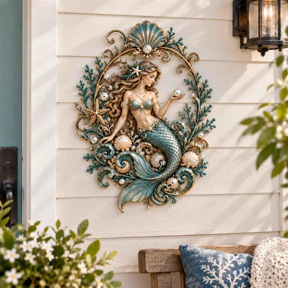Mermaid & Pearl Ocean Metal Wall Decor β Coastal Beach House Wall Art