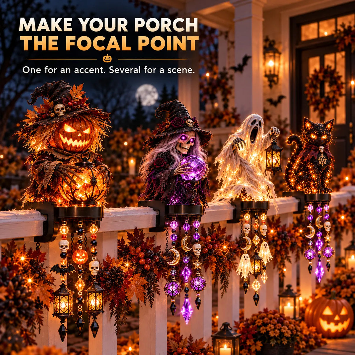 ๐ Halloween Character Glow Cascade Railing Lights โ Pumpkin, Witch, Ghost & Black Cat