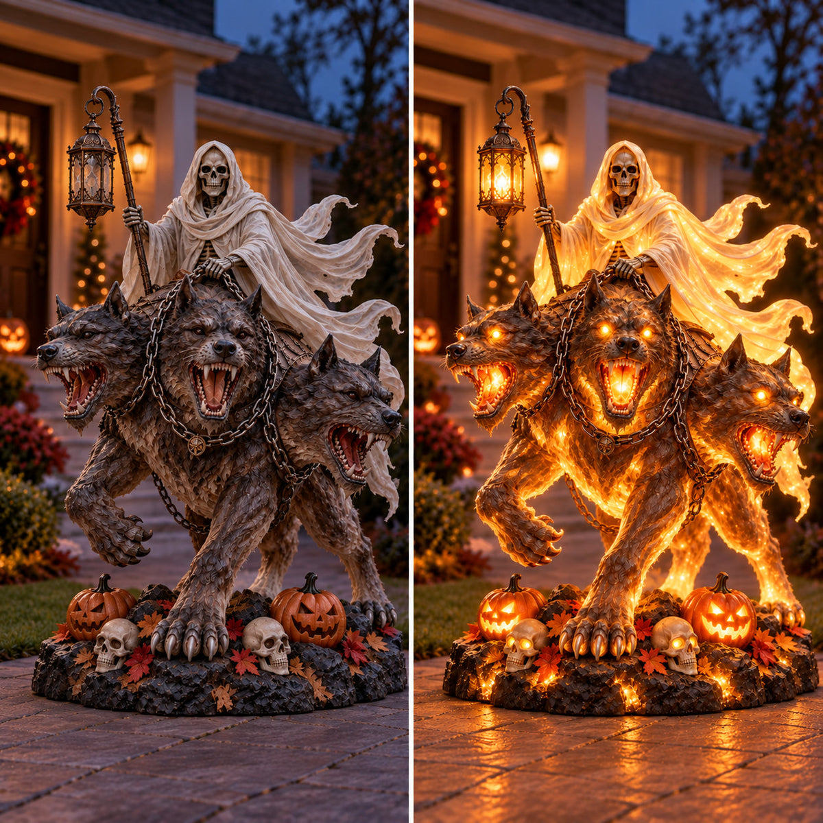 đđĽ Cerberus Grim Reaper Lighted Statue | Three-Headed Hellhound Halloween Guardian with Lantern