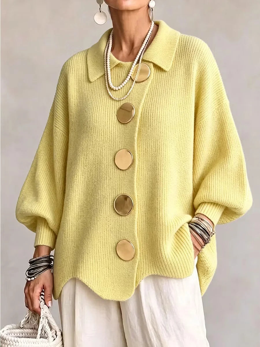 Women French Lapel Irregular Hem Lantern Sleeve Knit Cardigan