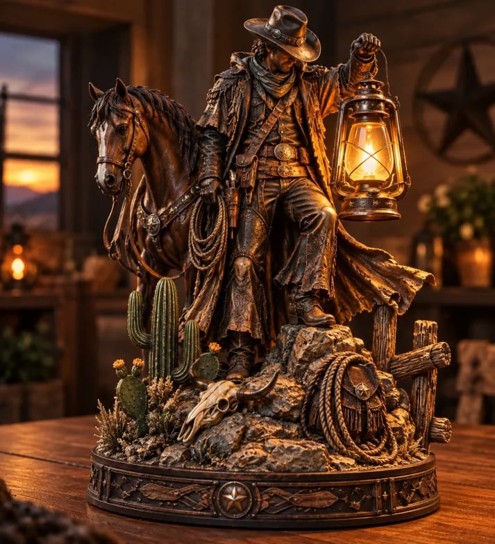 ✨Last Light of the Frontier – Western Rider & Horse Lantern Statue