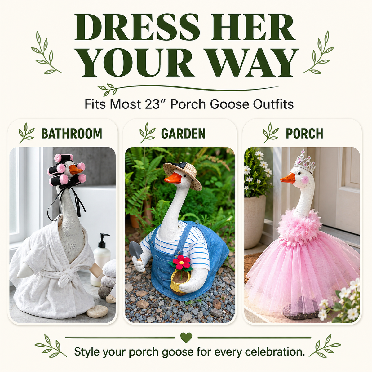 Hand-Painted Porch Goose Statue – 19” Tall, Indoor & Outdoor
