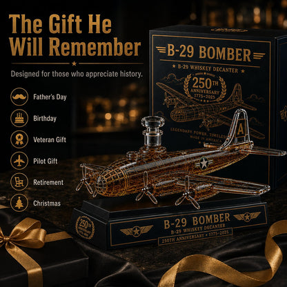 B-29 Bomber Collectible Whiskey Decanter, American Aviation History Inspired Glass Bottle with Display Base, 250th Anniversary Limited Style Gift