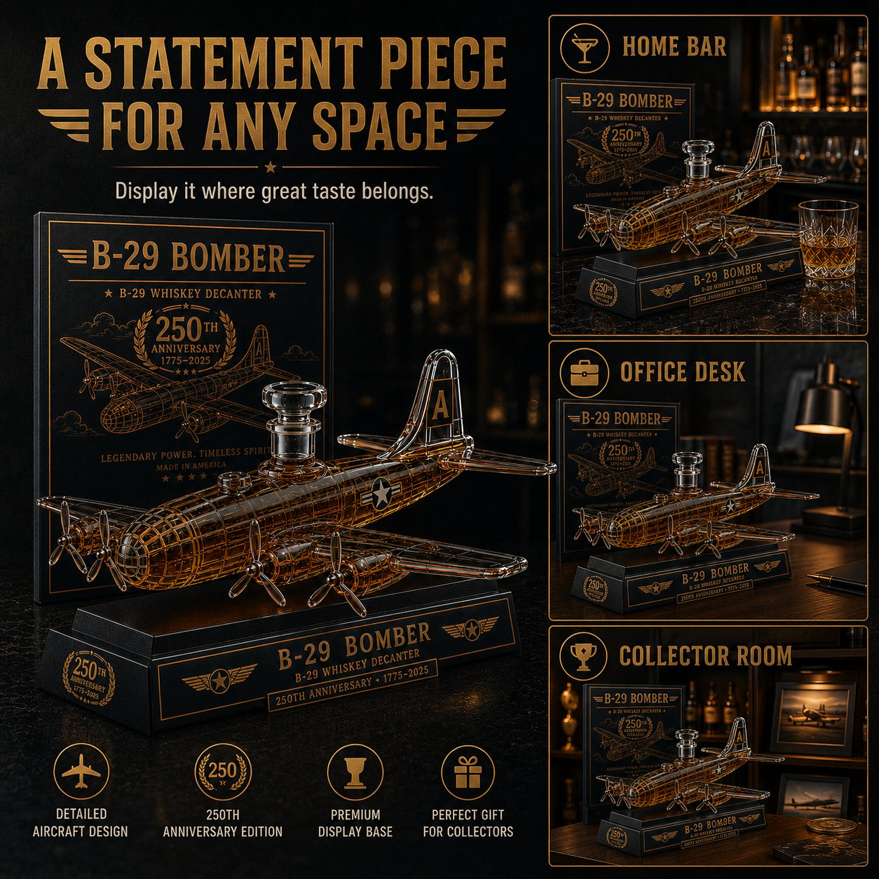 B-29 Bomber Collectible Whiskey Decanter, American Aviation History Inspired Glass Bottle with Display Base, 250th Anniversary Limited Style Gift
