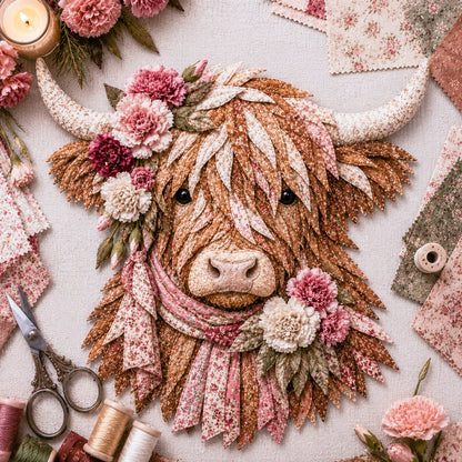 🔥LAST DAY 50% OFF - 🐮💐🌸 Birth Flower Highland Cow 3D Layered Fabric Art DIY Kit (Beginner-friendly) 🔥 Buy 2 Free Shipping