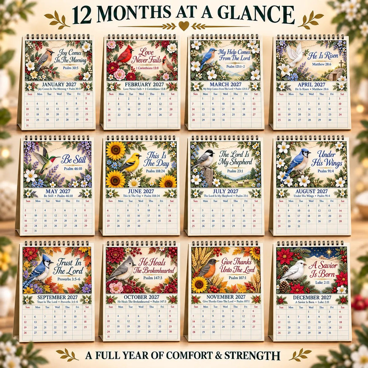 ✝️ 3D Christian Calendar 2027 | 12 Scripture Designs with Nature Scenes, Birds &amp; Flowers for Faith-Filled Homes &amp; Meaningful Gifts 🎁