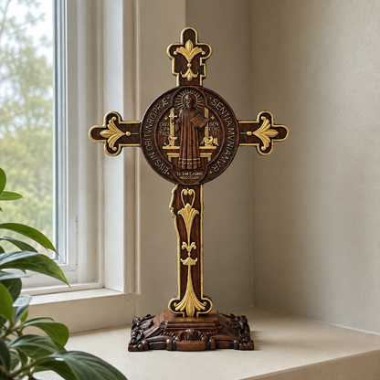 Hand-Carved Beechwood Saint Benedict Crucifix – Double-Sided Christian Standing Cross