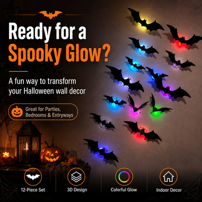 3D LED Halloween Bat Wall Decor – Colorful Glowing Flying Bats