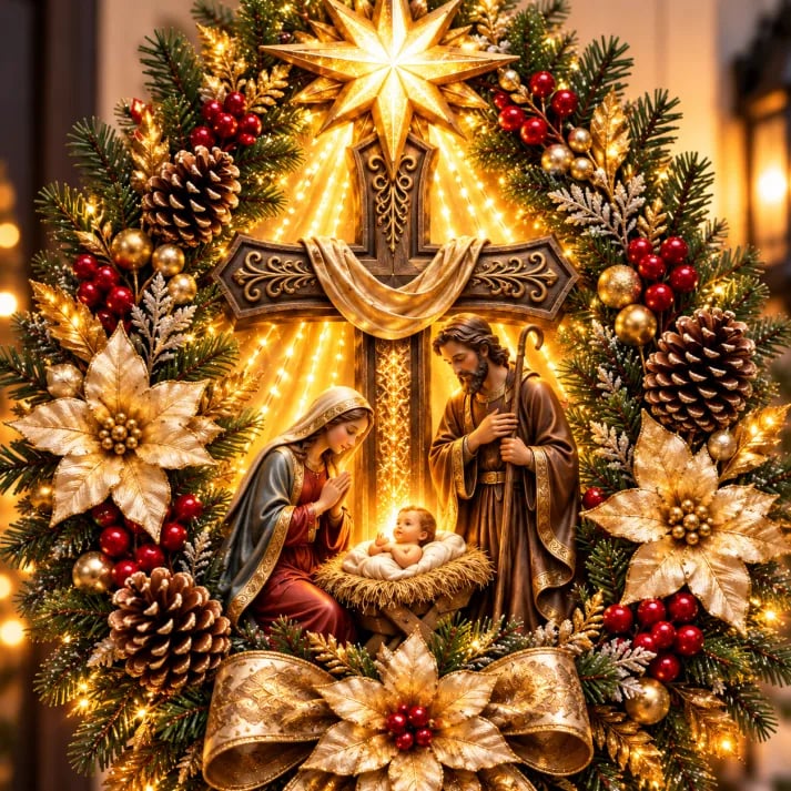 ⭐ Bethlehem Star Nativity Cross Wreath – Lighted Christian Christmas Wall Decor with Holy Family & Warm LED Glow