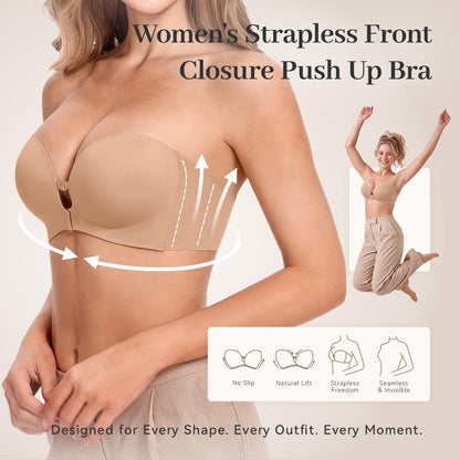 🎒 Back-to-School Deal ✨ Strapless Push-Up Bra with Front Closure, Padded Lift & Non-Slip Support 💕