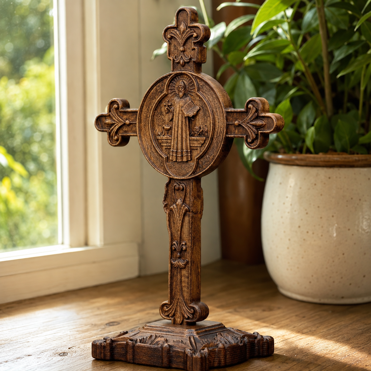 Hand-Carved Beechwood Saint Benedict Crucifix – Double-Sided Christian Standing Cross