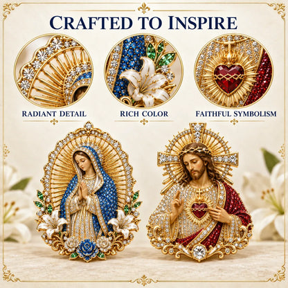 ⏳ Last Day 49% OFF – ✝️ 3D Jesus & Mary Sacred Devotion Pin | Gold-Tone Crystal Christian Brooch ❤️
