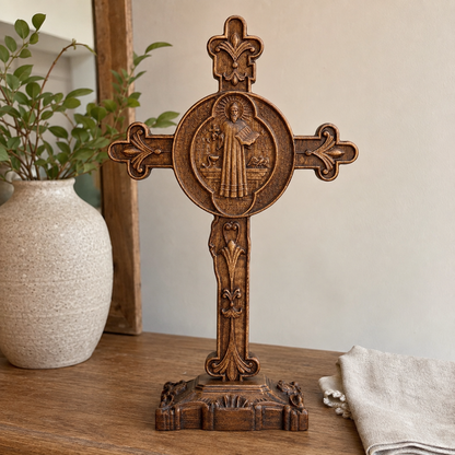 Hand-Carved Beechwood Saint Benedict Crucifix – Double-Sided Christian Standing Cross