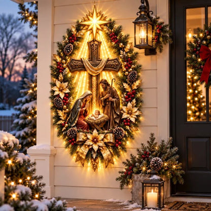 ⭐ Bethlehem Star Nativity Cross Wreath – Lighted Christian Christmas Wall Decor with Holy Family & Warm LED Glow