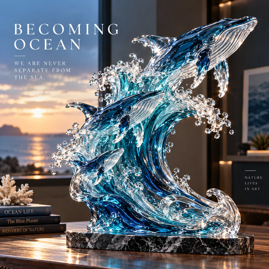 🐋🌊 Ocean Spirit Whale Sculpture – Three Whales Rising Through a Glass Wave
