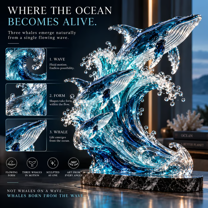 🐋🌊 Ocean Spirit Whale Sculpture – Three Whales Rising Through a Glass Wave