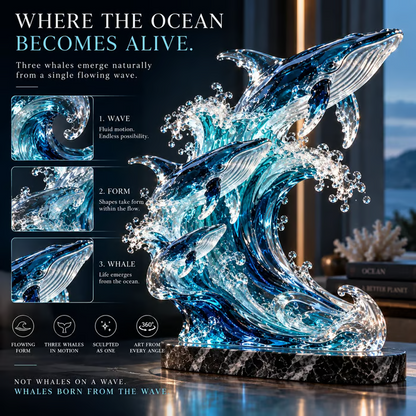 🐋🌊 Ocean Spirit Whale Sculpture – Three Whales Rising Through a Glass Wave