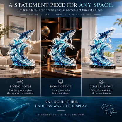 🐋🌊 Ocean Spirit Whale Sculpture – Three Whales Rising Through a Glass Wave