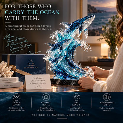 🐋🌊 Ocean Spirit Whale Sculpture – Three Whales Rising Through a Glass Wave
