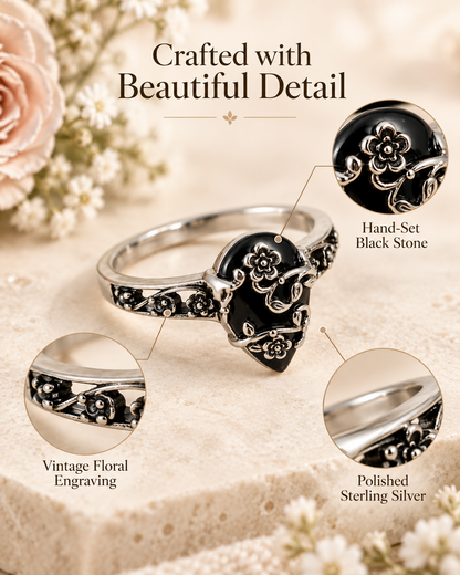 Vintage Floral Black Teardrop Ring