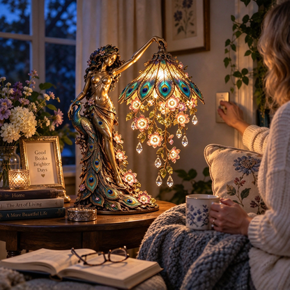🦚 Peacock Goddess Stained Glass Table Lamp ✨
