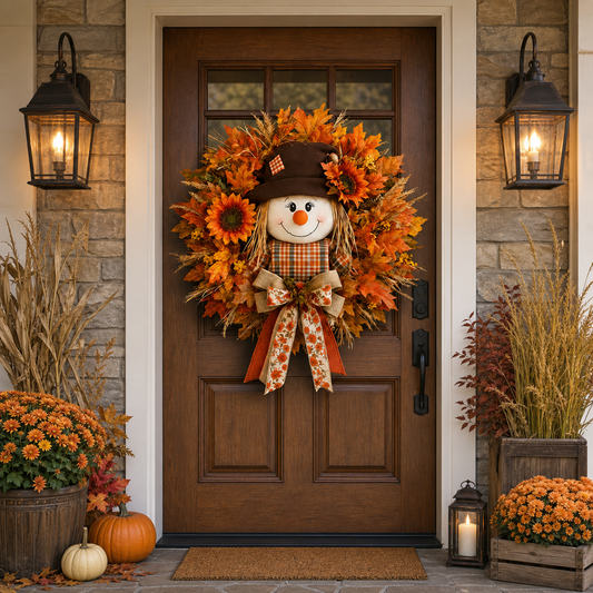 🔥🍁 Fall Favorite – Lighted Scarecrow Front Door Wreath