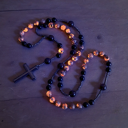 Natural Obsidian Yooperlite RosaryNecklace, UV Reactive EnergyProtection Healing Crystal