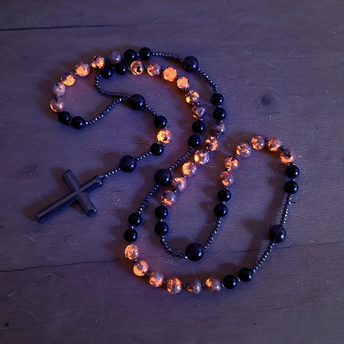 Natural Obsidian Yooperlite RosaryNecklace, UV Reactive EnergyProtection Healing Crystal