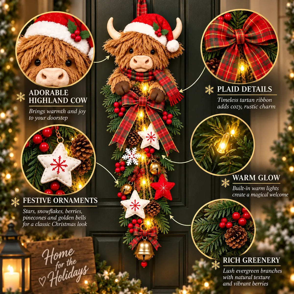 ✨🎄Lighted Highland CowChristmas Door Swag - ACozy Holiday Welcome