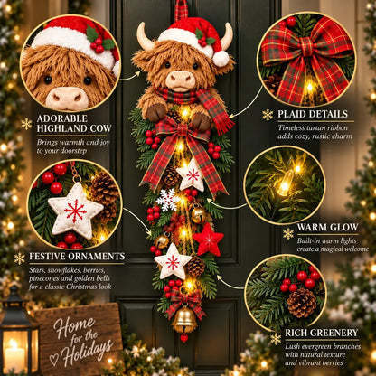 ✨🎄Lighted Highland CowChristmas Door Swag - ACozy Holiday Welcome