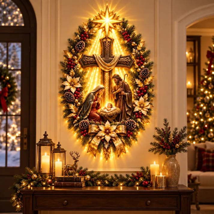 ⭐ Bethlehem Star Nativity Cross Wreath – Lighted Christian Christmas Wall Decor with Holy Family & Warm LED Glow