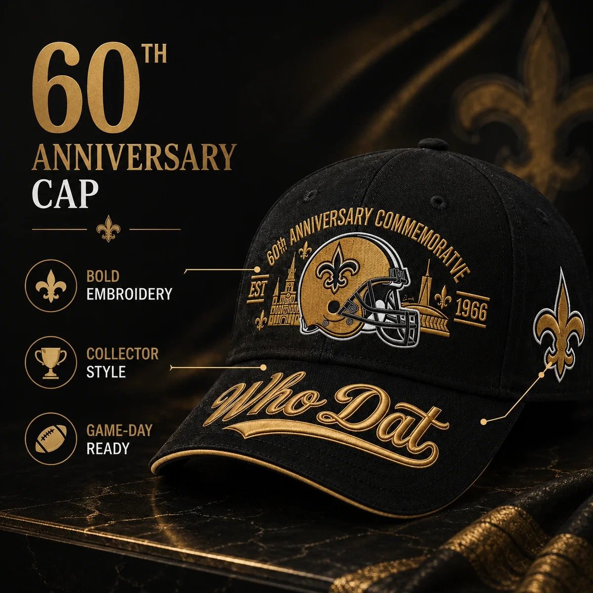 🇺🇸 Last Day Promo: 49% OFF⚜️🏈Who Dat 60th Anniversary Baseball Cap