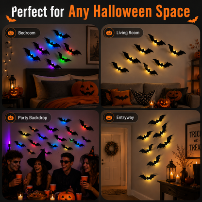 3D LED Halloween Bat Wall Decor – Colorful Glowing Flying Bats
