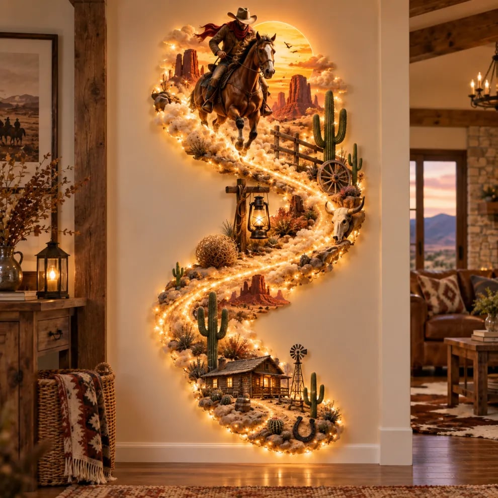 🤠 Western Cowboy LED Wall Decor – Lighted Wild West Desert Scene with Horseback Rider, Cactus & Ranch Details