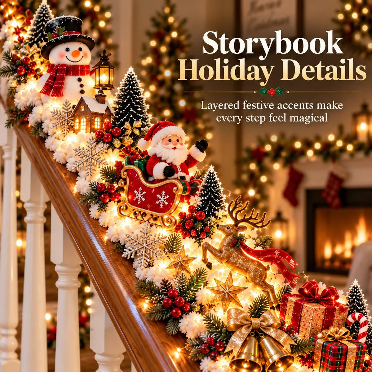🎅 Santa’s Sleigh Snowy Stair Railing Decor | Pre-Lit Christmas Banister Garland