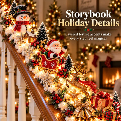 🎅 Santa’s Sleigh Snowy Stair Railing Decor | Pre-Lit Christmas Banister Garland