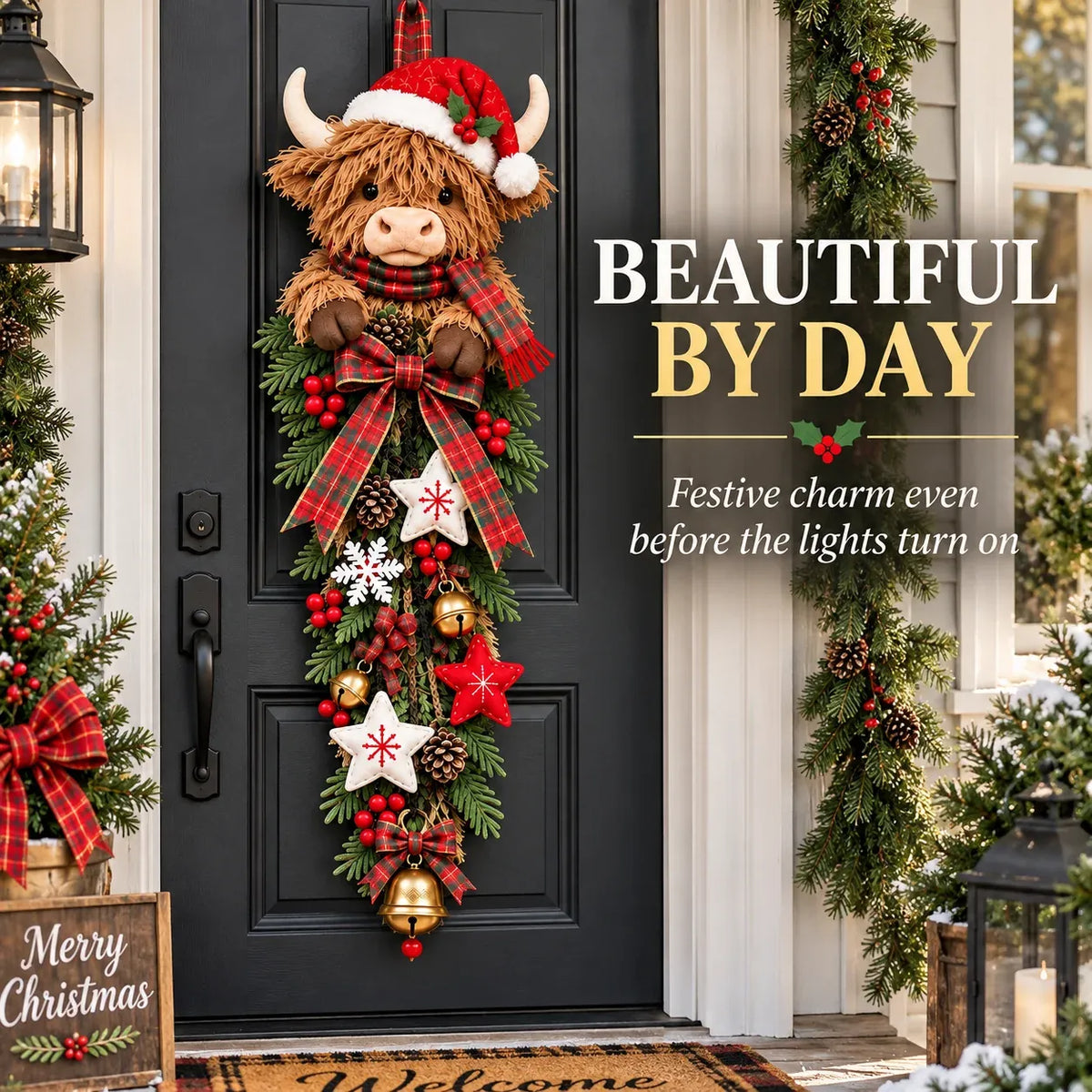 ✨🎄Lighted Highland CowChristmas Door Swag - ACozy Holiday Welcome