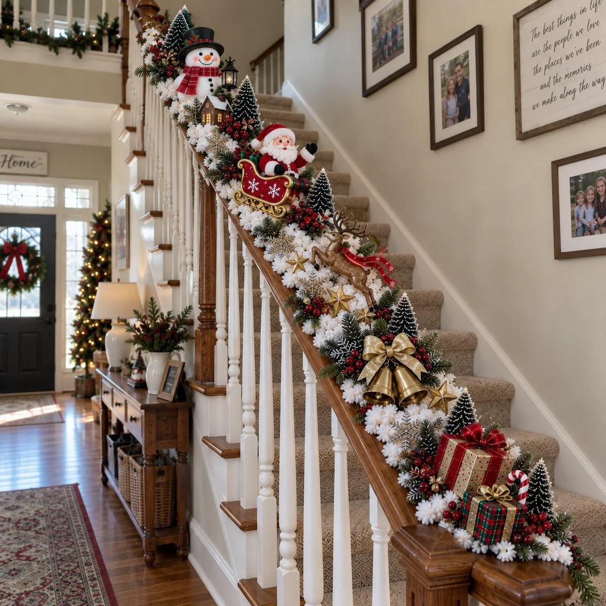 🎅 Santa’s Sleigh Snowy Stair Railing Decor | Pre-Lit Christmas Banister Garland