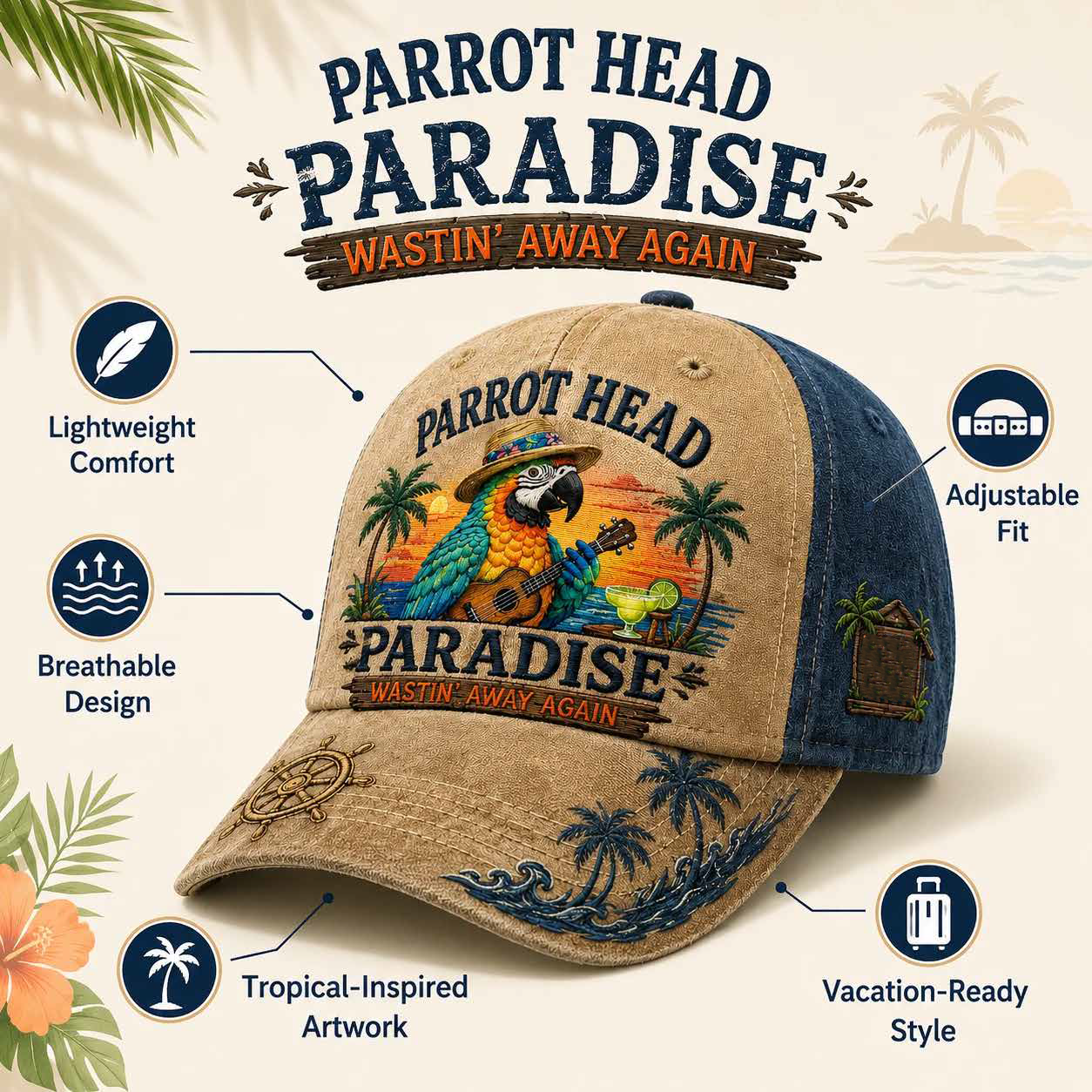 🦜Wastin’ Away Again Parrot Head Hat for Jimmy Buffett Fans 🏝️Parrot Head Paradise Cap