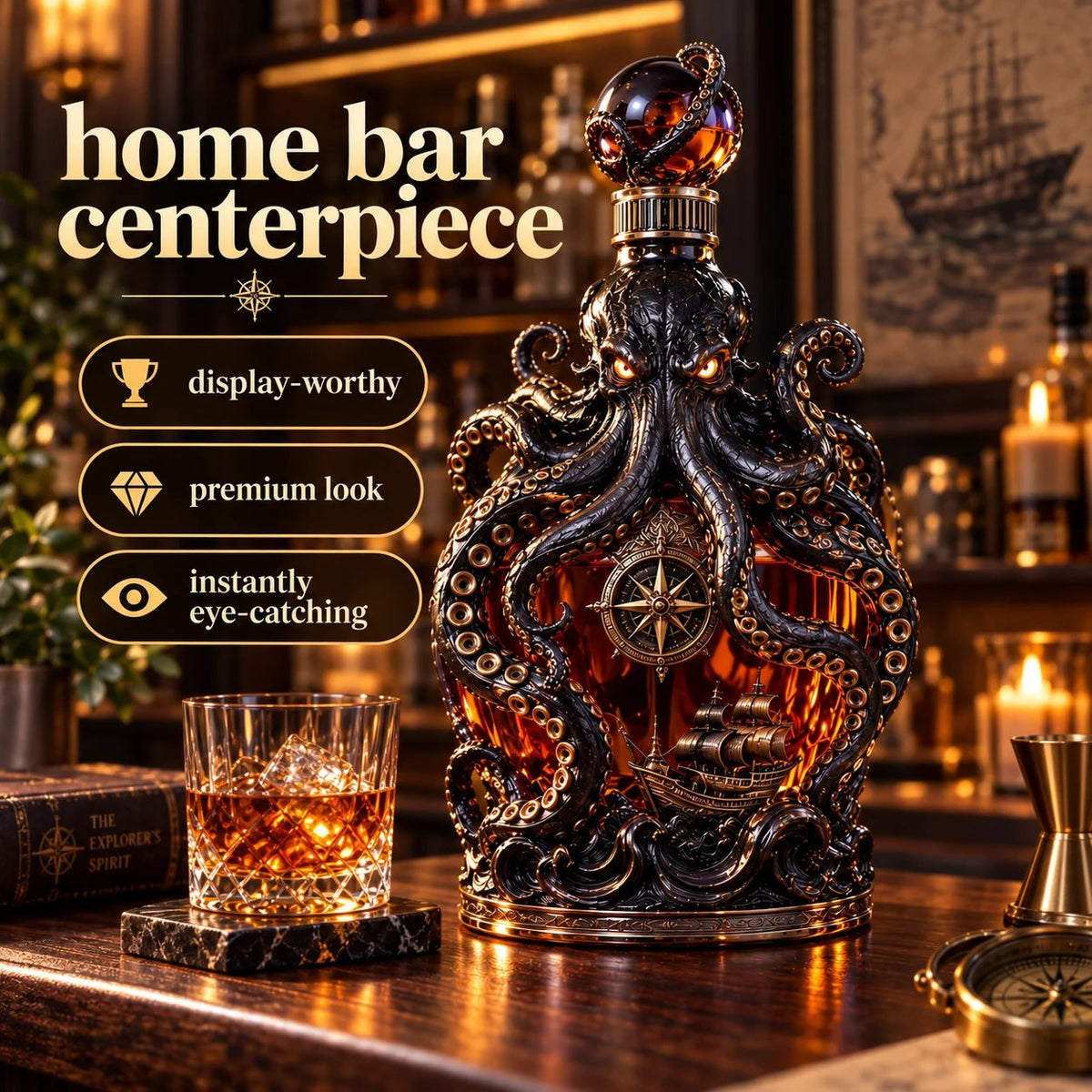 🐙Kraken Voyage Octopus Whiskey Decanter | Gothic Nautical Bar Centerpiece