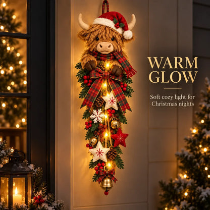 ✨🎄Lighted Highland CowChristmas Door Swag - ACozy Holiday Welcome