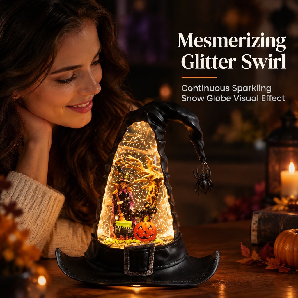 Halloween Witch Hat Lighted Water Lantern with Glitter Swirl and Festive LED Glow