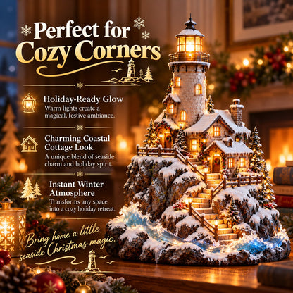 ❄️ Winter Lighthouse Cottage Glow — Lighted Coastal Christmas Village ✨