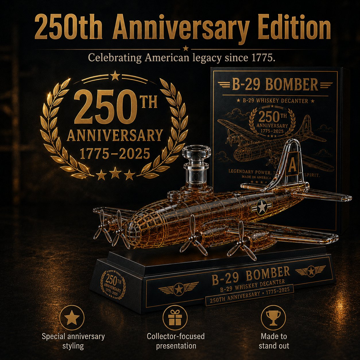 B-29 Bomber Collectible Whiskey Decanter, American Aviation History Inspired Glass Bottle with Display Base, 250th Anniversary Limited Style Gift