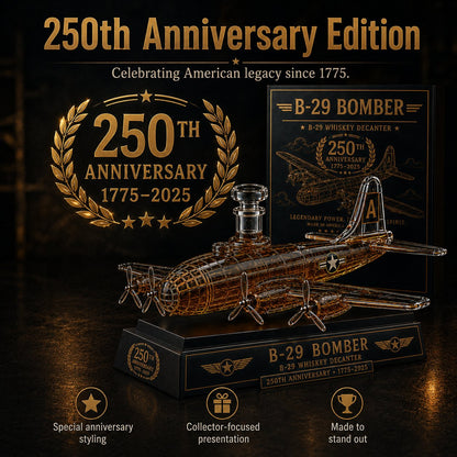 B-29 Bomber Collectible Whiskey Decanter, American Aviation History Inspired Glass Bottle with Display Base, 250th Anniversary Limited Style Gift