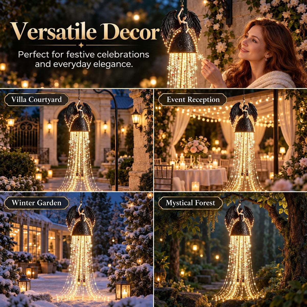 Gothic Dark Angel Starlight Waterfall Outdoor Resin Garden Light