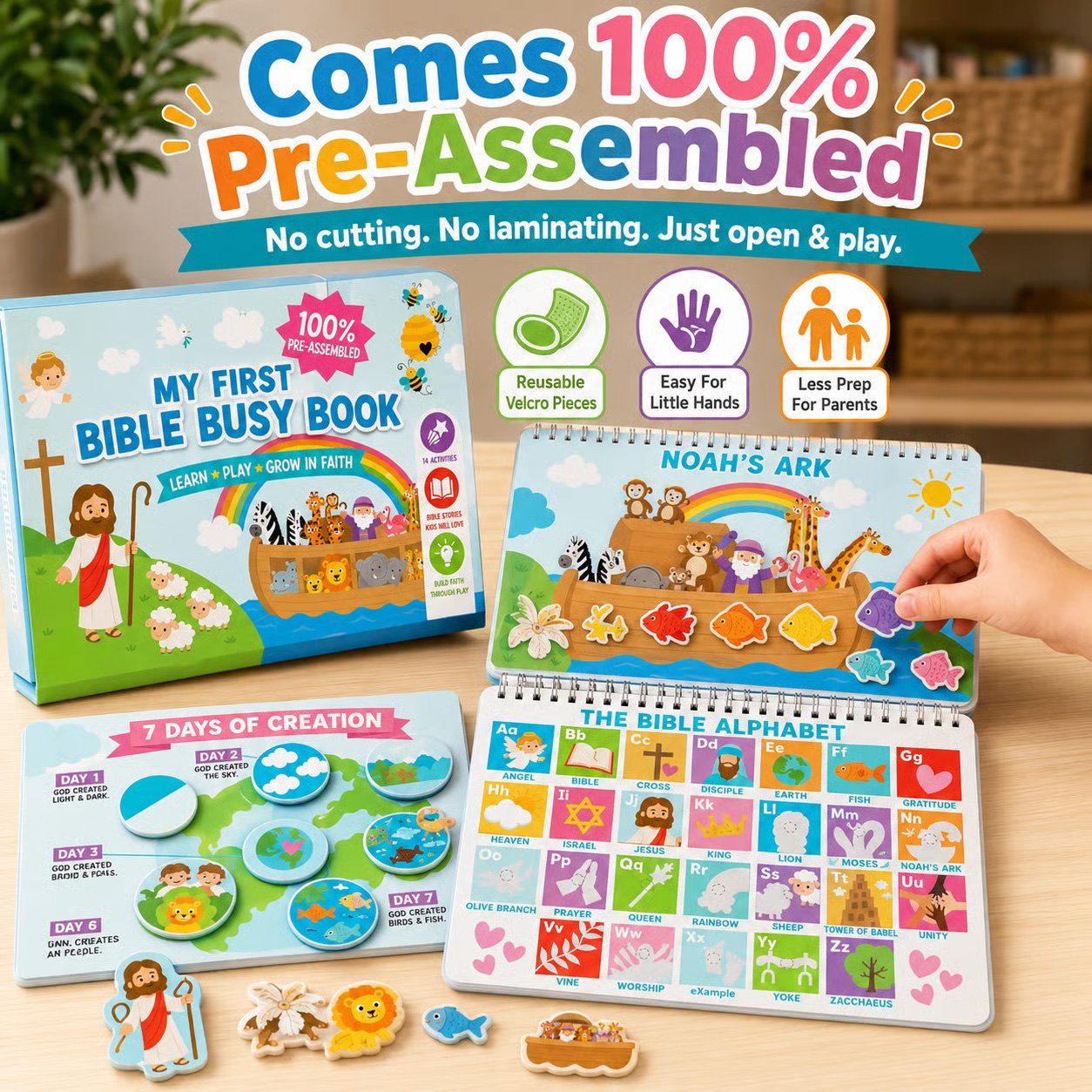 ✝️ Bible Busy Book for Toddlers | Montessori Christian Quiet Book with 152 Velcro Pieces & 15 Faith Activities