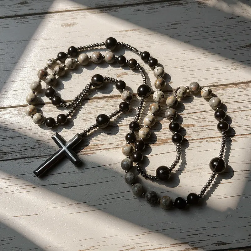 Natural Obsidian Yooperlite RosaryNecklace, UV Reactive EnergyProtection Healing Crystal